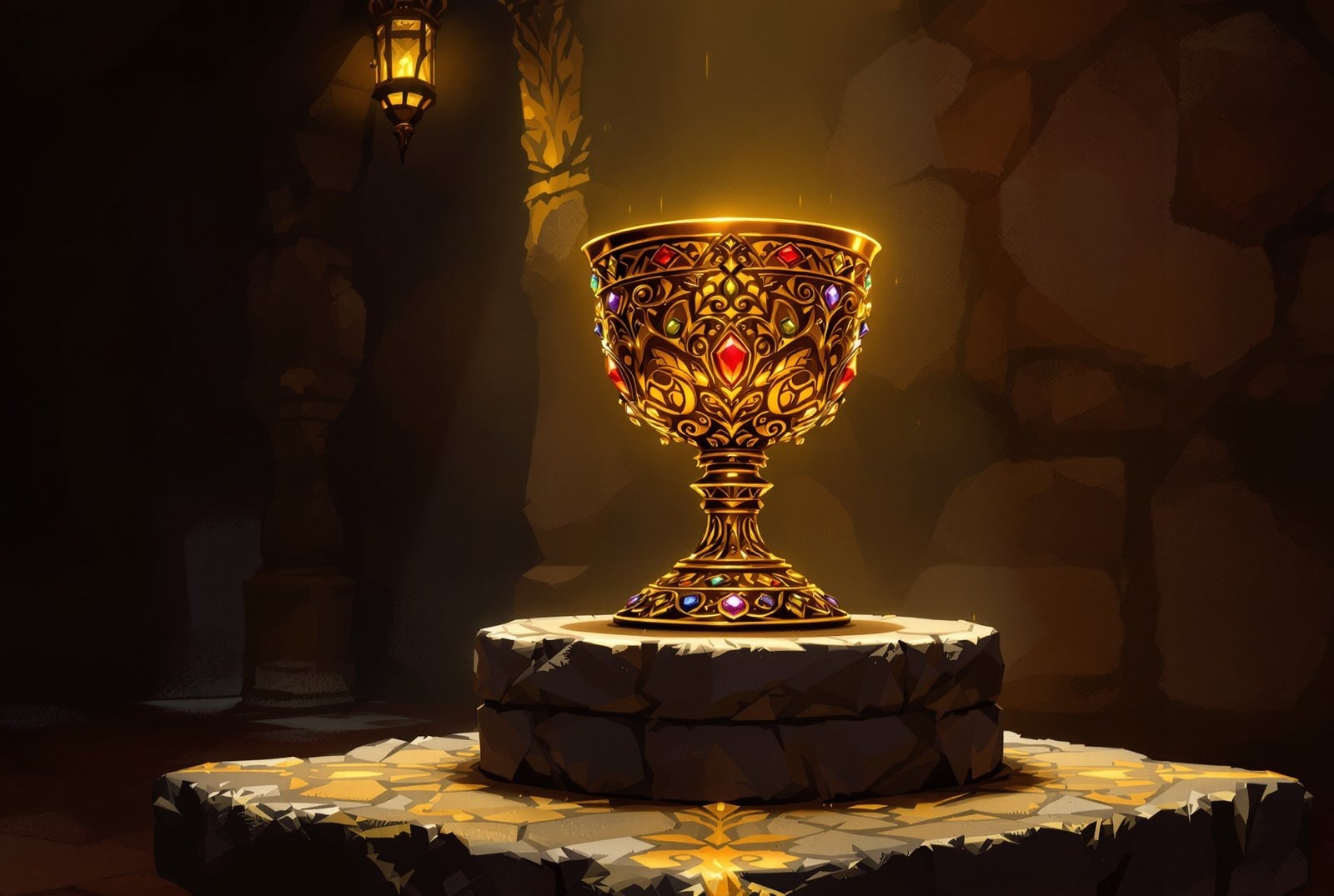 An ornate gold goblet set with coloured gems on a stone pedestal in a dim chamber