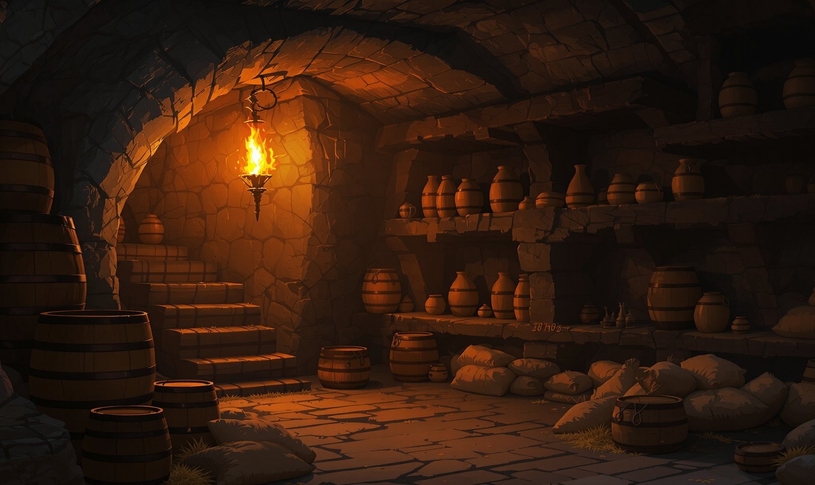 A torch-lit underground storeroom with stacked barrels, sacks and clay jars on stone shelves
