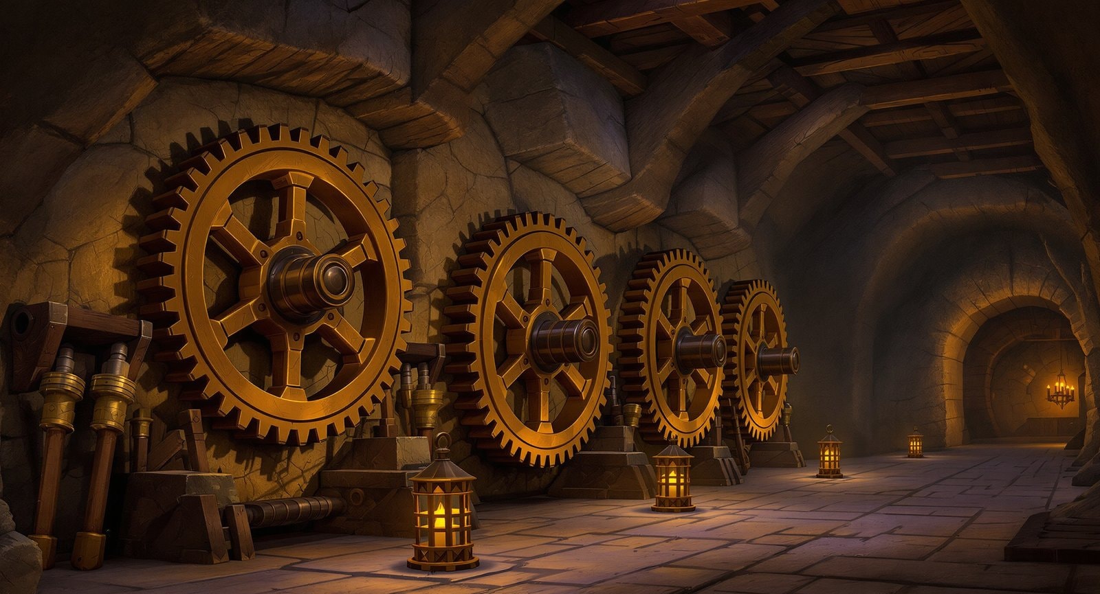 Large brass gear wheels and axles set into a stone wall beside a row of wooden levers, lit by lanterns