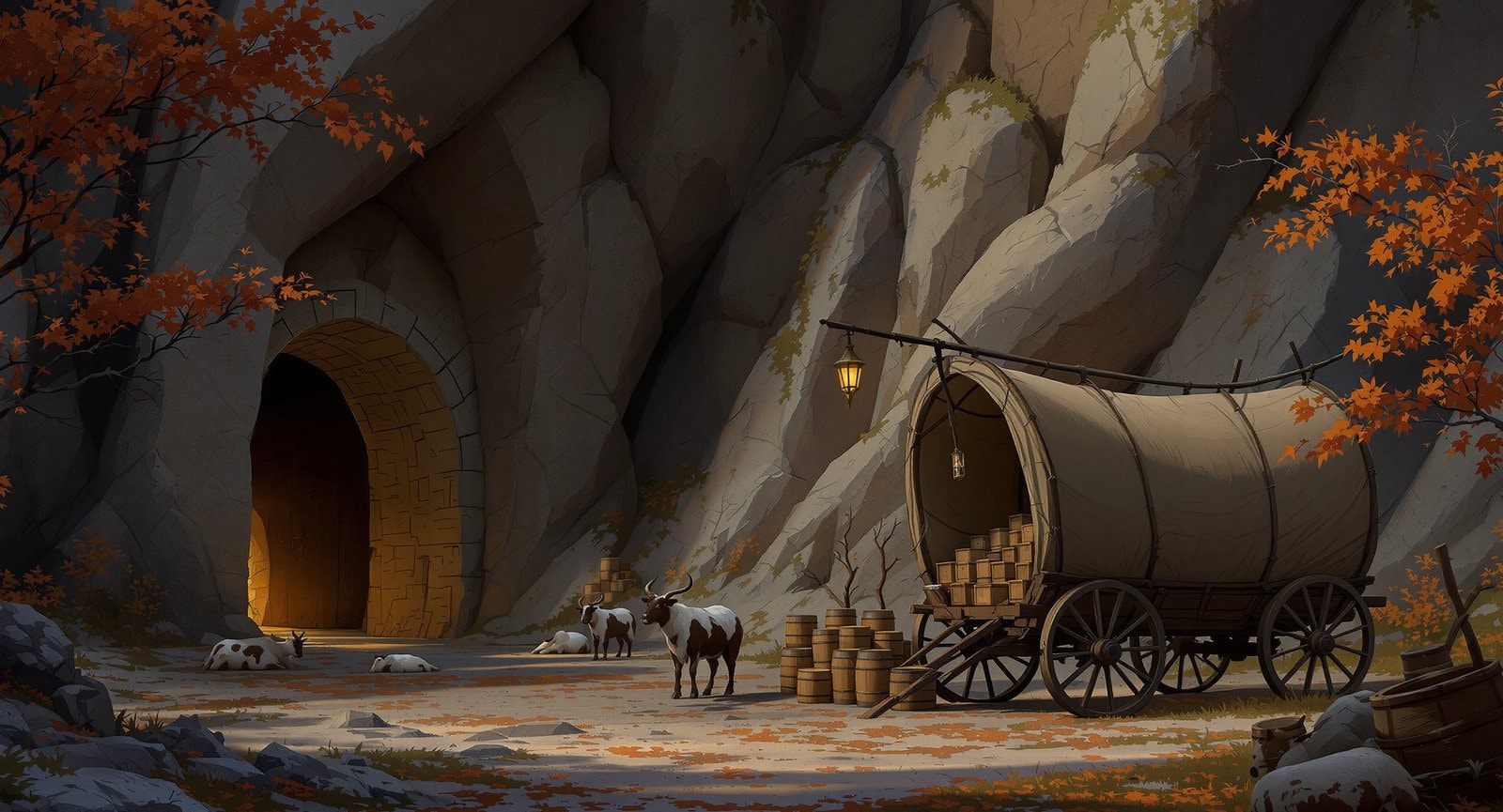 A covered wooden wagon with barrels and grazing pack animals outside a stone gateway in a mountain, among autumn trees