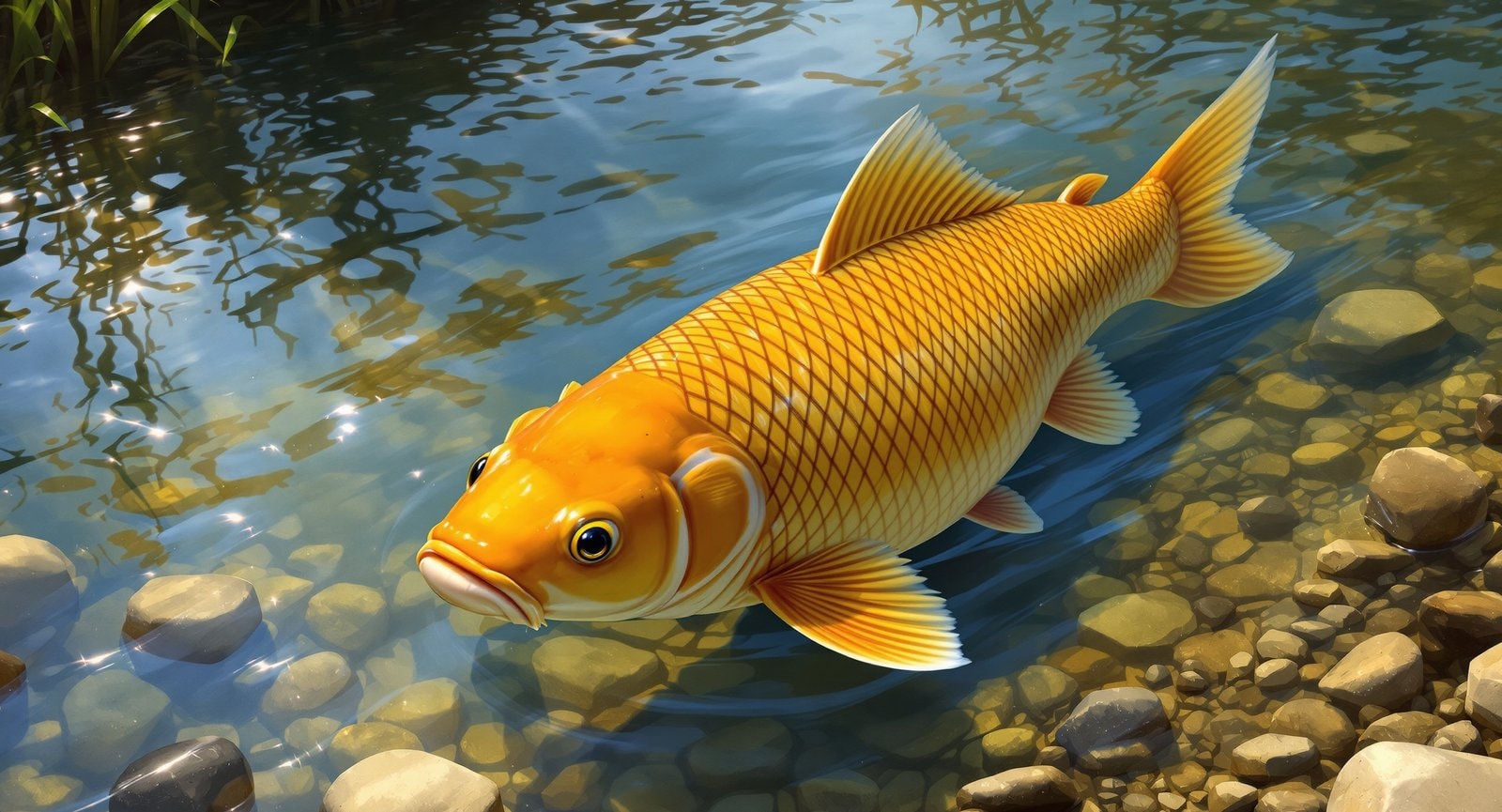 A large golden carp swimming over pebbles in a clear shallow river