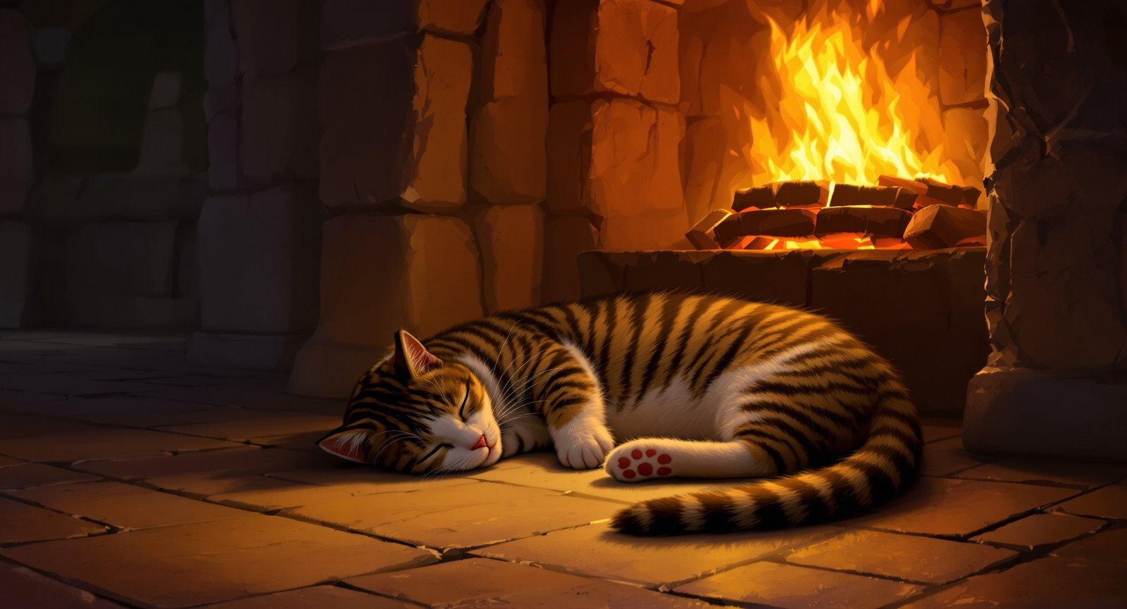 A tabby cat asleep on a stone floor in front of a fire
