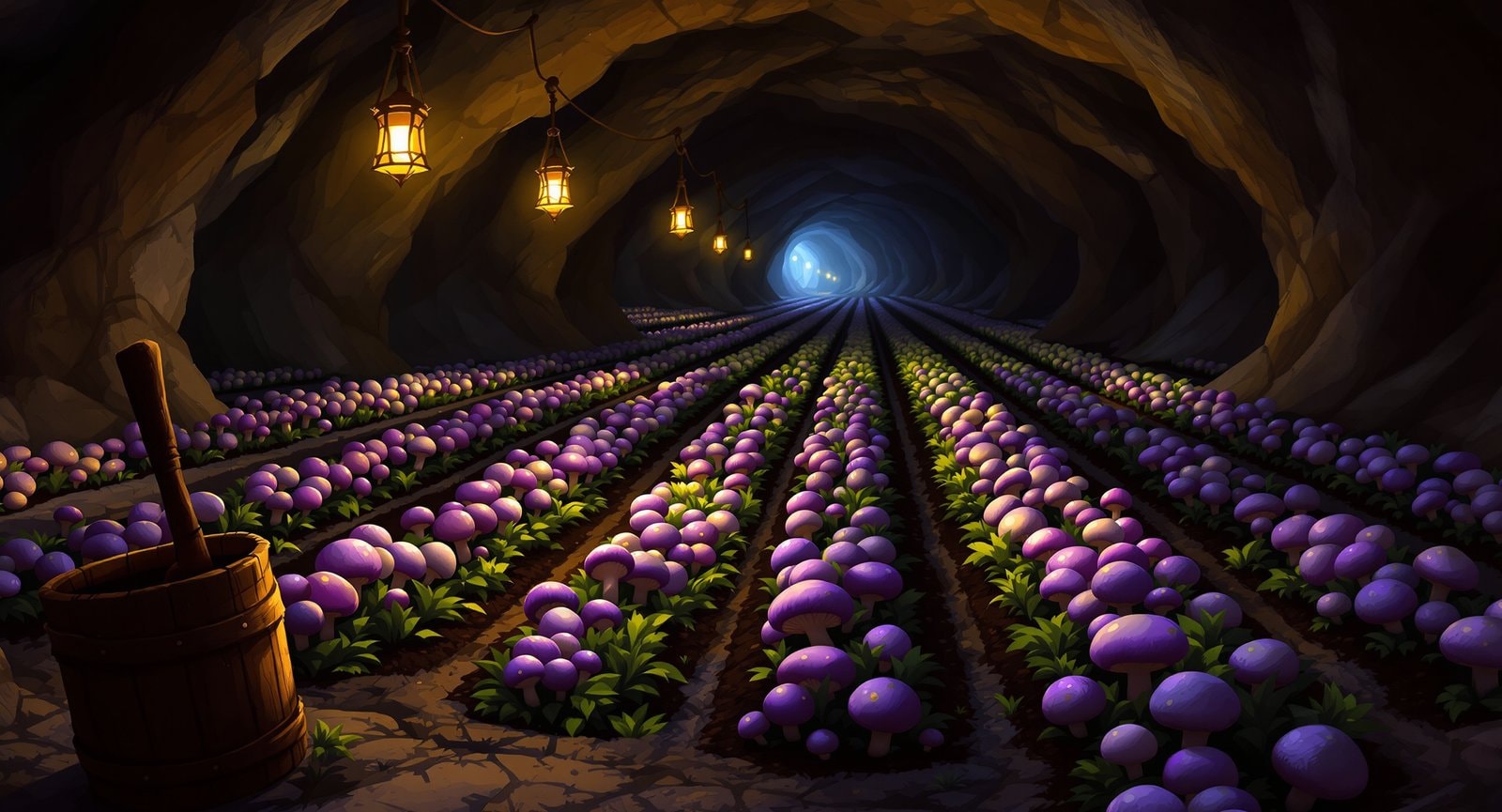 Rows of purple mushroom-like crops growing in an underground farm under hanging lamps, a wooden bucket in front