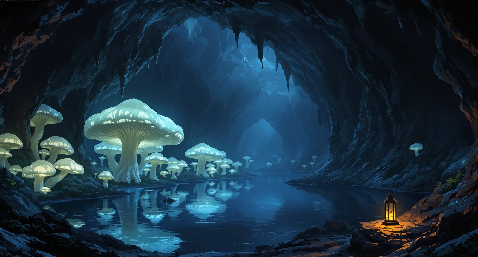 A dark cavern lake edged with giant pale glowing fungus, with a small lantern on the rocks