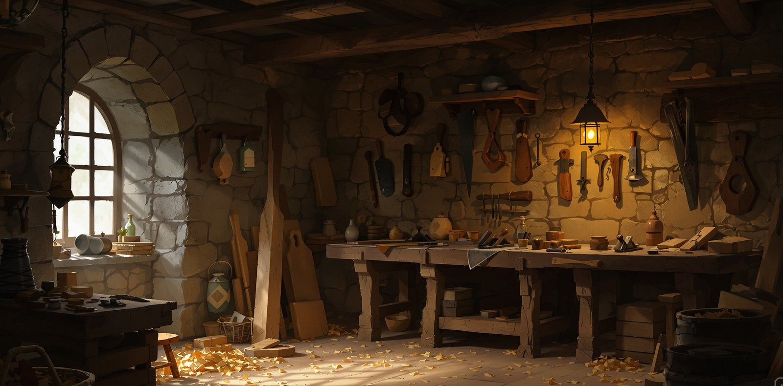 A stone-walled workshop with wooden workbenches, tools hanging on the wall and shavings on the floor
