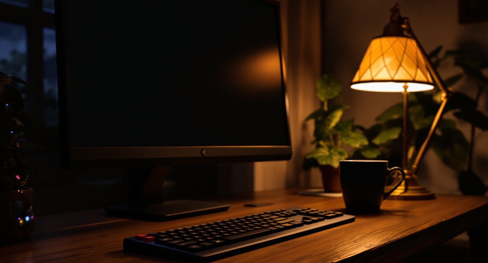 A wooden desk at night with a keyboard, a mug, a plant and a warm desk lamp beside a dark monitor