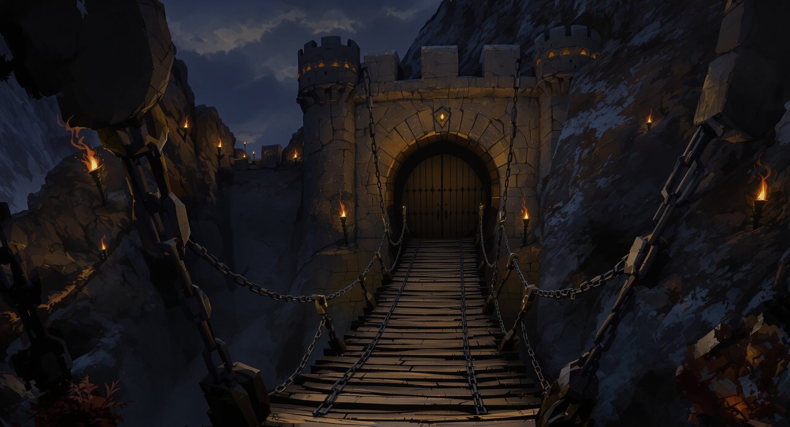 A long wooden bridge on heavy chains leading to a fortified stone gateway in a mountainside at dusk