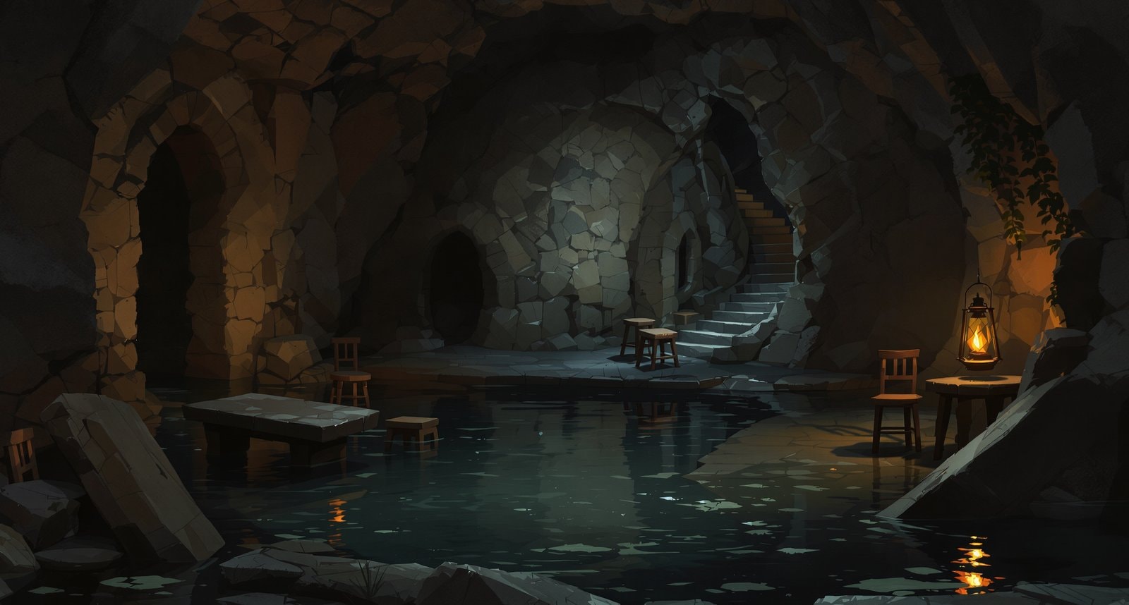 An empty underground hall partly flooded with dark water, with stools and a stone table left standing and one lantern still lit