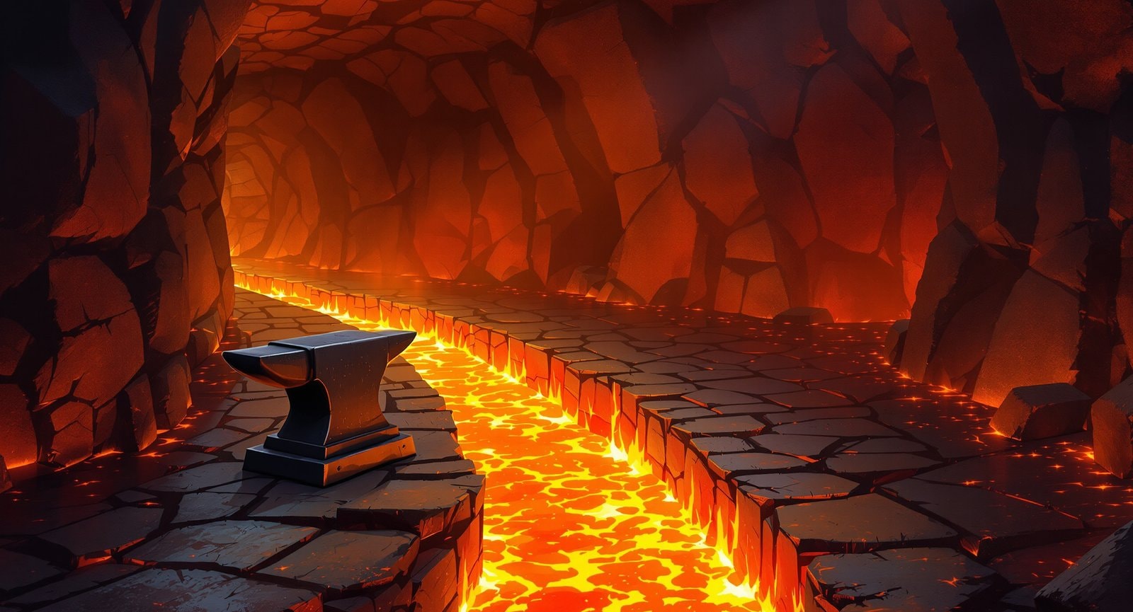 An iron anvil on a stone floor beside a channel of glowing orange magma