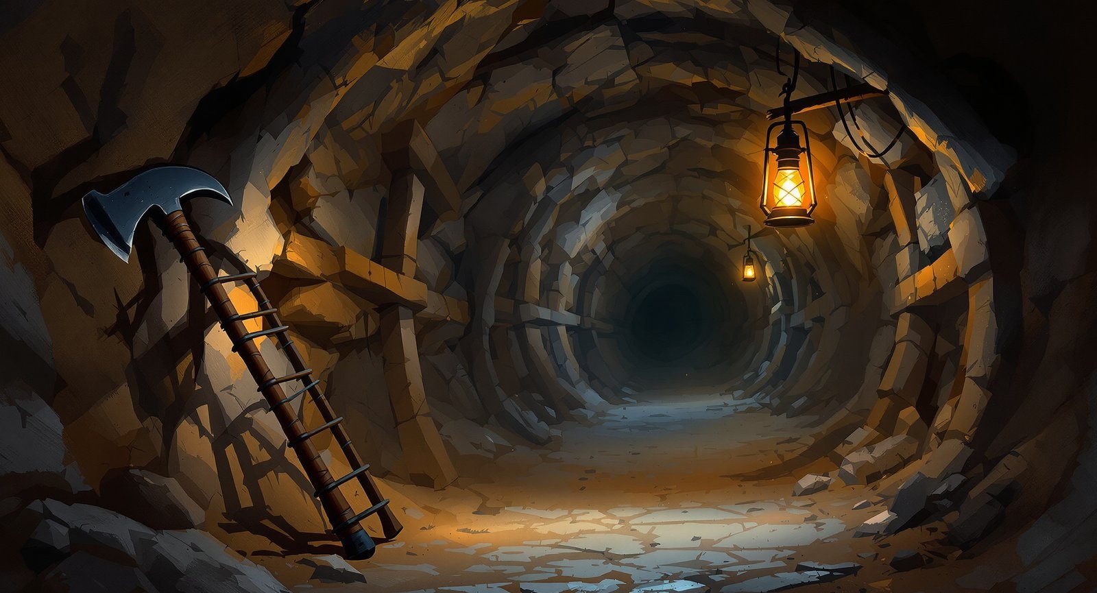 A pickaxe leaning against the wall of a timber-braced mine tunnel lit by a hanging lantern