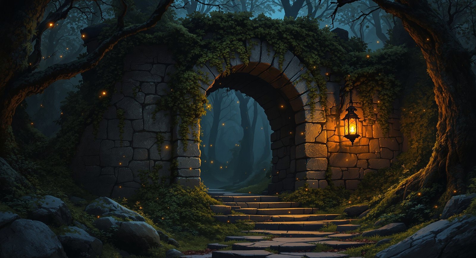 A moss-covered ruined stone archway with steps in a forest at dusk, a lantern hanging beside it