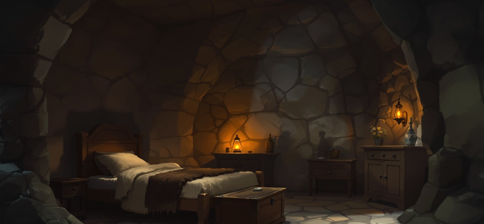 A small stone bedroom with a wooden bed, a chest at its foot and a cabinet, lit by a lantern