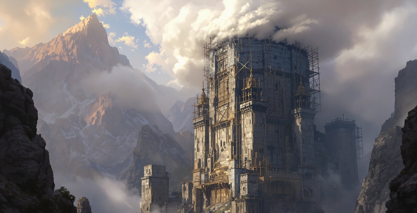 A huge stone tower wrapped in timber scaffolding rising from a mountain valley into the clouds