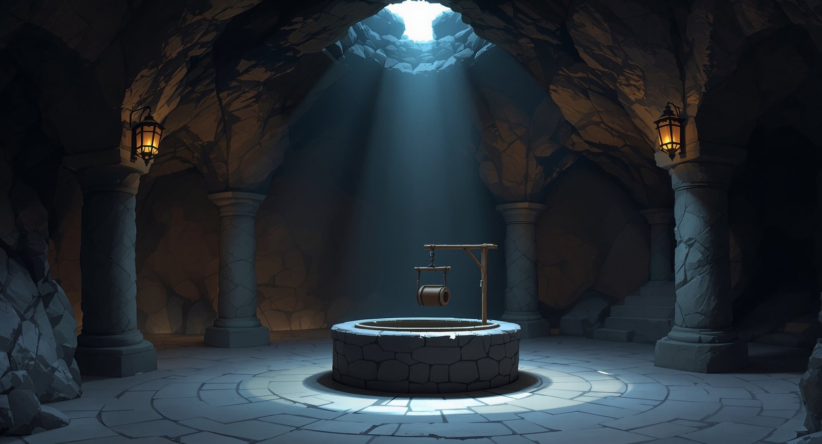 A round stone well with a winch and bucket in a pillared stone courtyard lit from an opening above