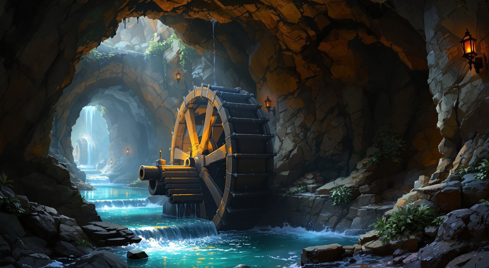 A wooden water wheel turning in an underground river that runs through a lantern-lit cave