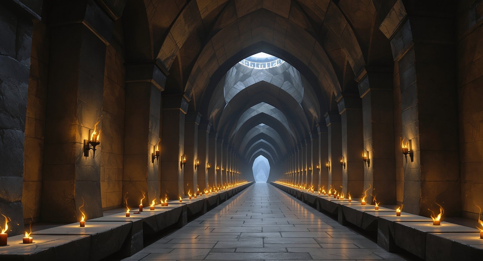 A long vaulted hall carved from grey stone, lined with torches and low stone benches